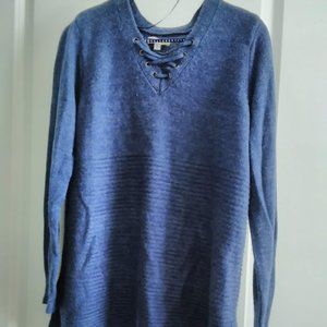 Blue knit Sweater with lace up neckline